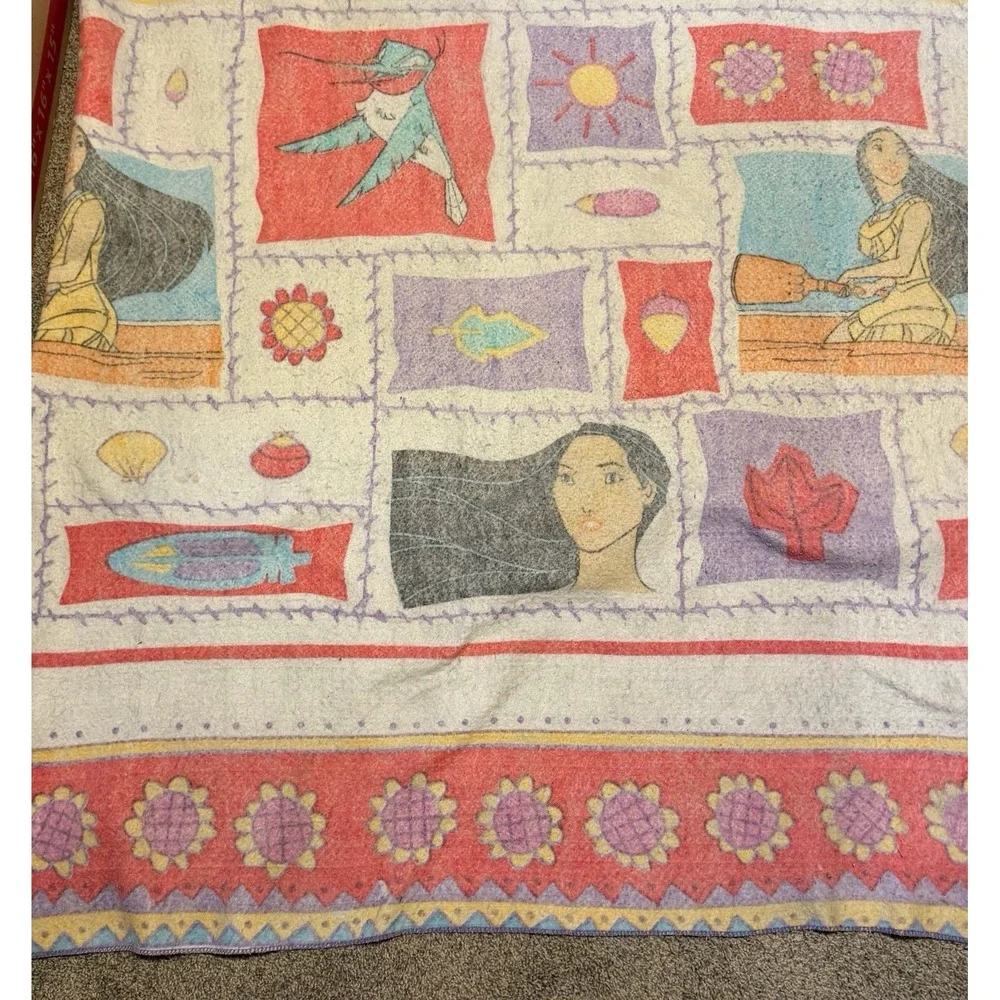 Vintage Disney Pocahontas Fleece Blanket Made in USA 90s Character Floral